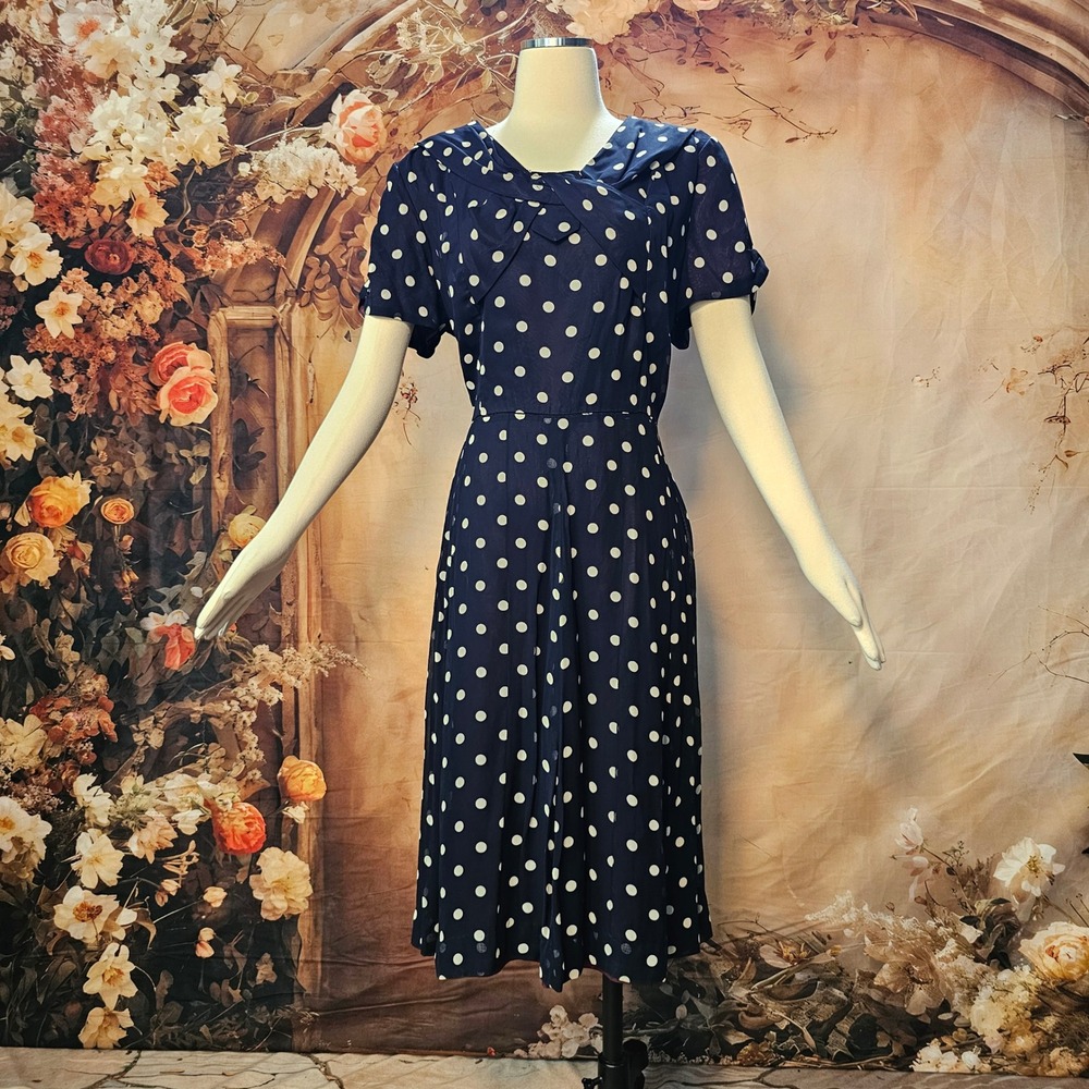 Vintage 1940s Navy Blue White Polka Dot Dress Short Sleeve Bow Neck Pinup